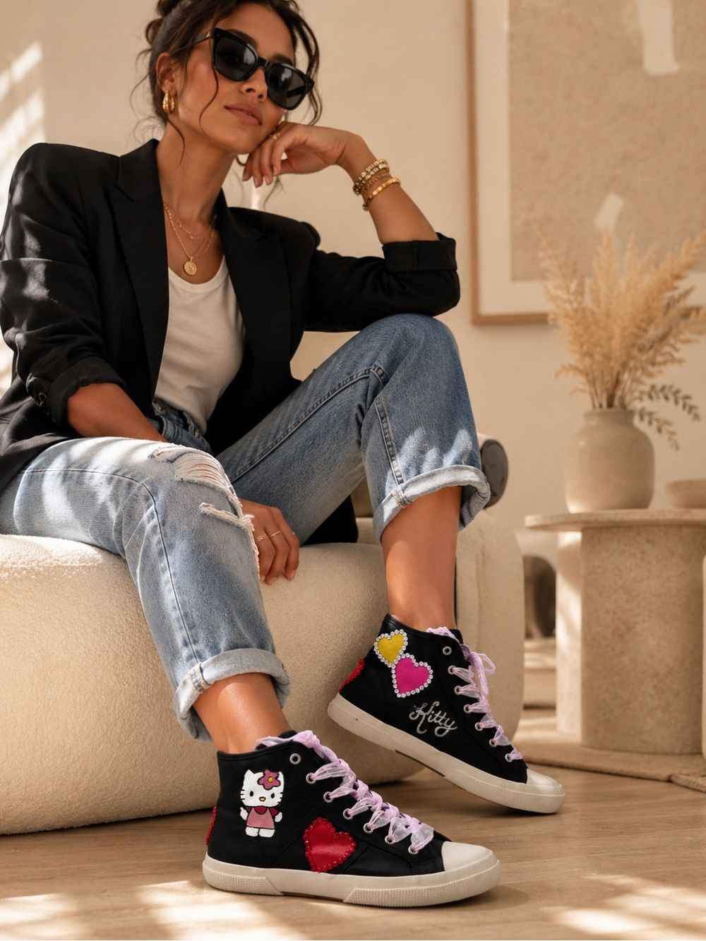 Custom Hello Kitty Rhinestone High Top Sneakers | Hand Painted | Women’s 8.5